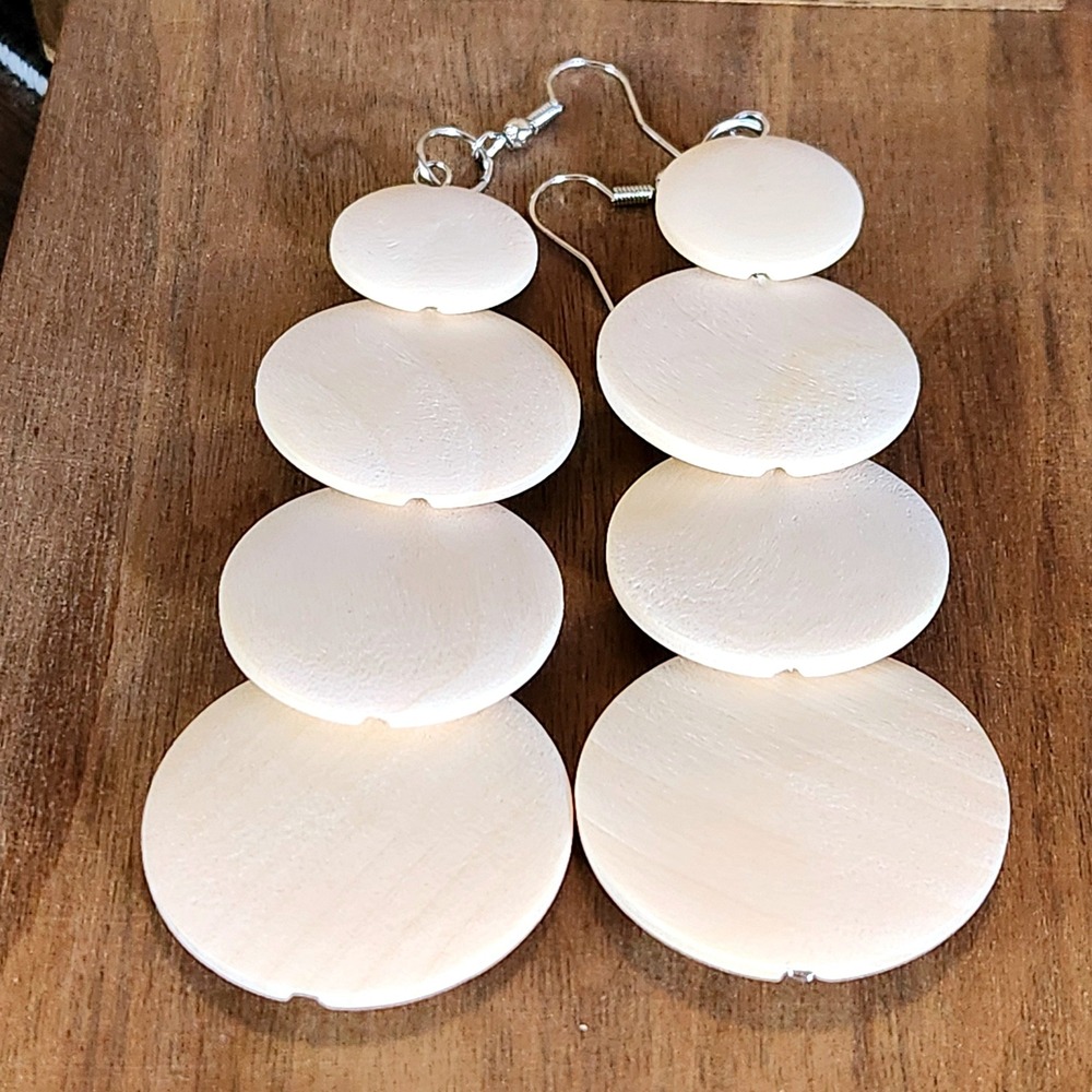 Natural Wood Tiered Drop Earrings Cream Graduated Circle Dangle Statement Boho